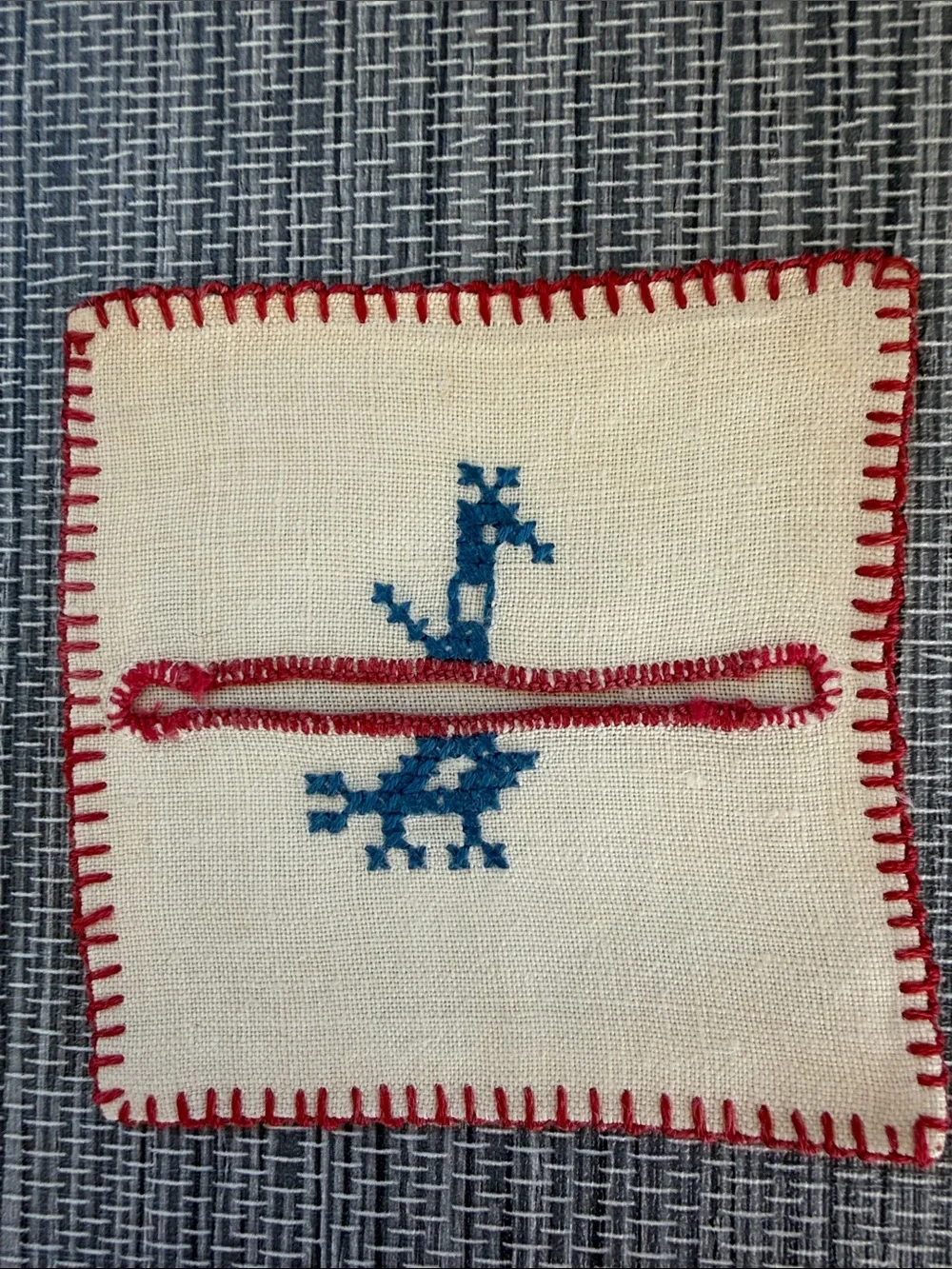 Set of Six Hand-Embroidered Animal Coasters - Red & Blue on Cream